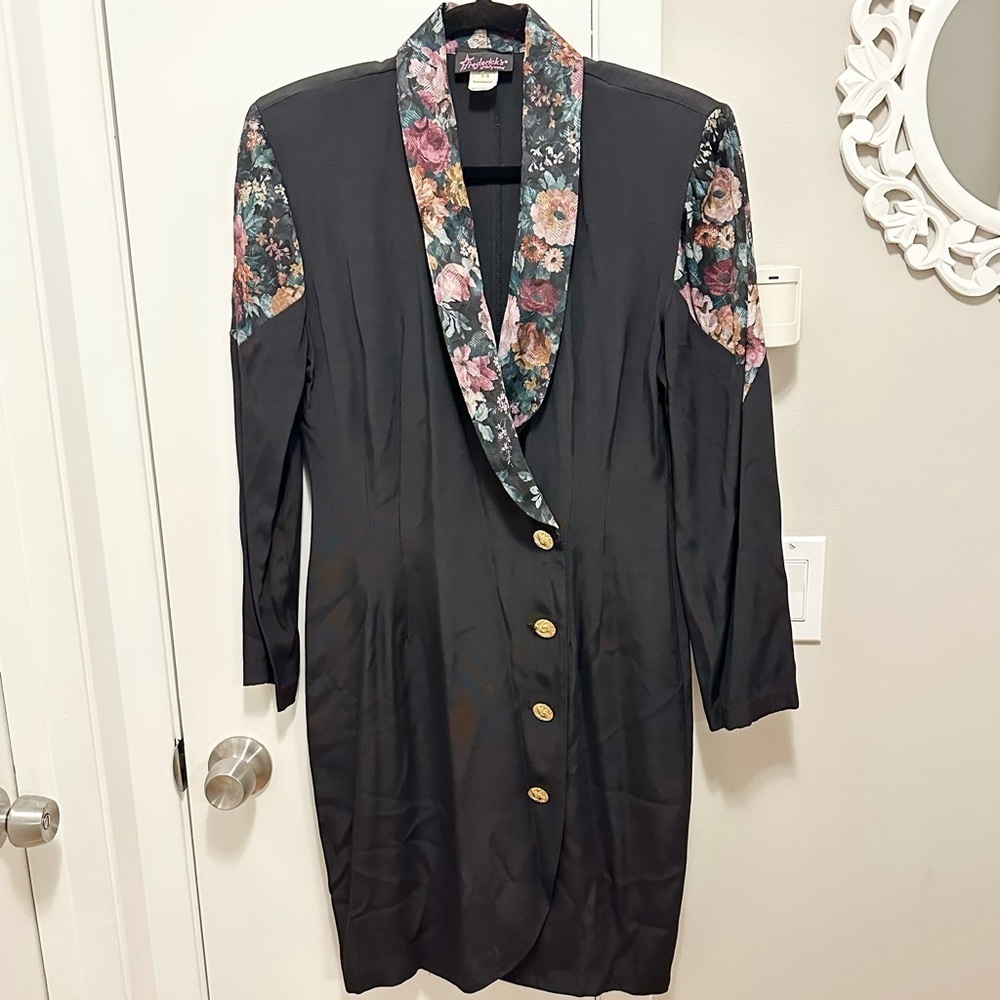 Rare Vintage 80s Frederick’s of Hollywood Black Blazer Dress 5/6 Floral Lapels
